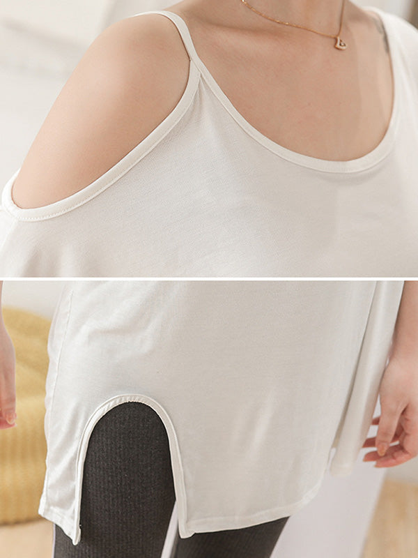 Casual Solid Color Asymmetric Cold Shoulder Spaghetti-Neck T-Shirt