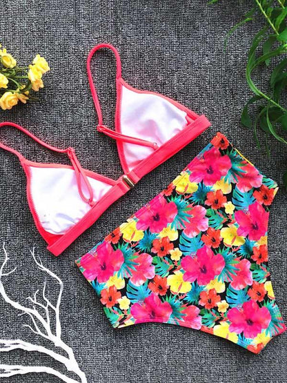 Spaghetti Strap Floral High Waist Bikini Swimsuit