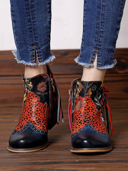 Printed Split-joint Tassels Zipper Booties