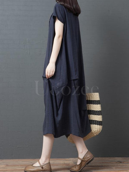 Casual Solid Ruffled Round-neck Midi Dress