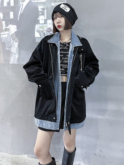 Original Stylish Cool Denim Split-Joint With Pocket Buttoned Lapel Collar Long Sleeves False Two Outwear