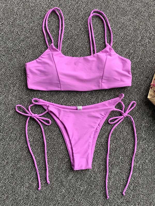 Solid Color Lace-Up Bikini Swimsuit