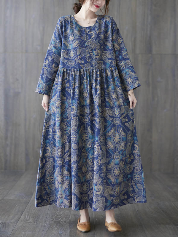 Vintage Ramie Cotton Floral Printed Round-Neck Long Sleeves Maxi Dress