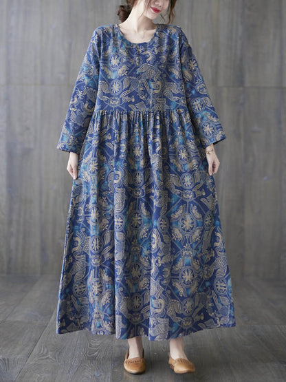 Vintage Ramie Cotton Floral Printed Round-Neck Long Sleeves Maxi Dress