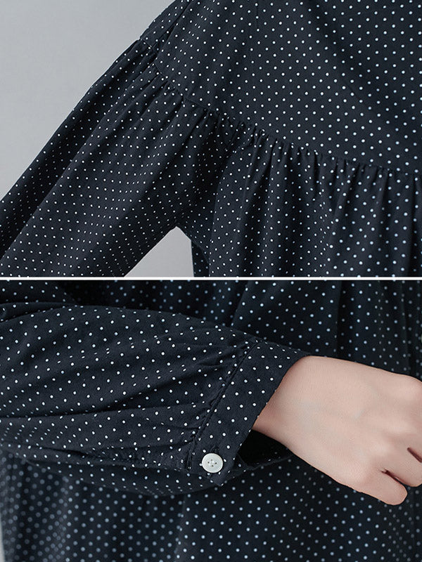 Casual Polka-Dot Buttoned Pleated Lapel Collar Long Sleeves Blouse