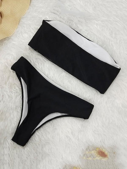 Strapless Solid Printed High Waist Bikinis Swimwear