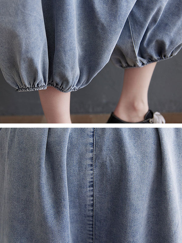 Loose Casual Elasticity High-Waist Wide Legs Jean Pants Knickerbockers