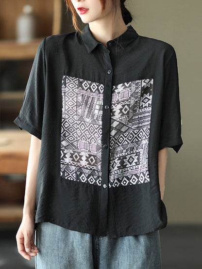 Original Ethnic Printed Lapel Shirt Blouse Tops