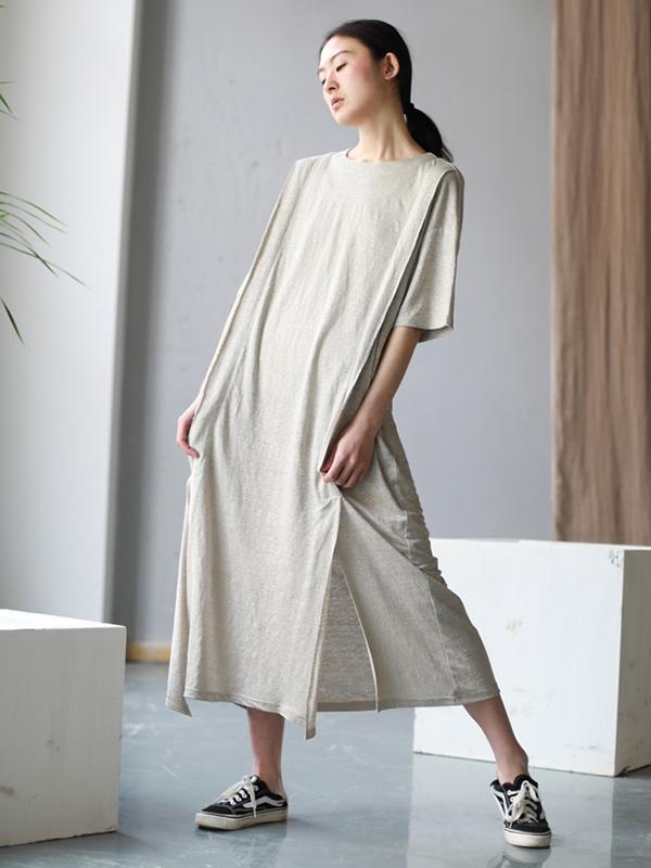 Simple Beige Split-joint Split-side Long Dress