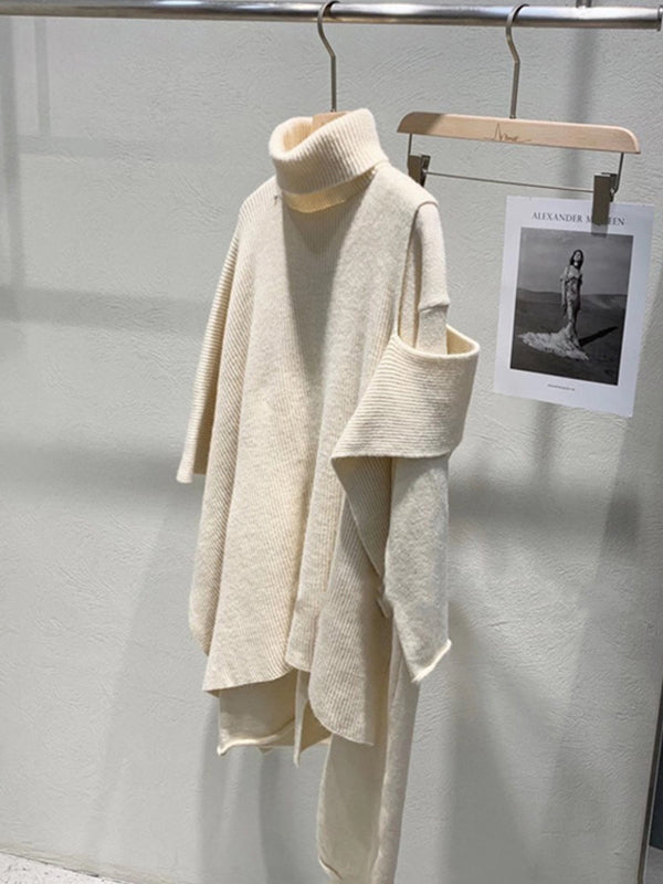 Solid Round-Neck Sweater Dresses And Irregularity Batwing Sleeves High-Neck Cape Set