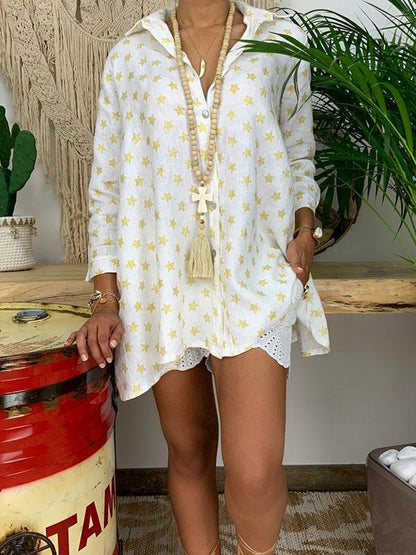 Lapel Star Printed Casual Blouses&Shirts Tops