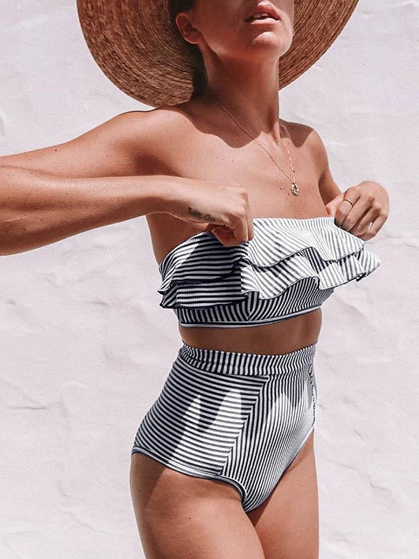 Falbala Tiered  Striped Bandeau Split Bikini Swimsuit