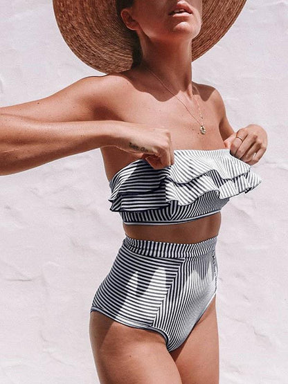 Falbala Tiered  Striped Bandeau Split Bikini Swimsuit