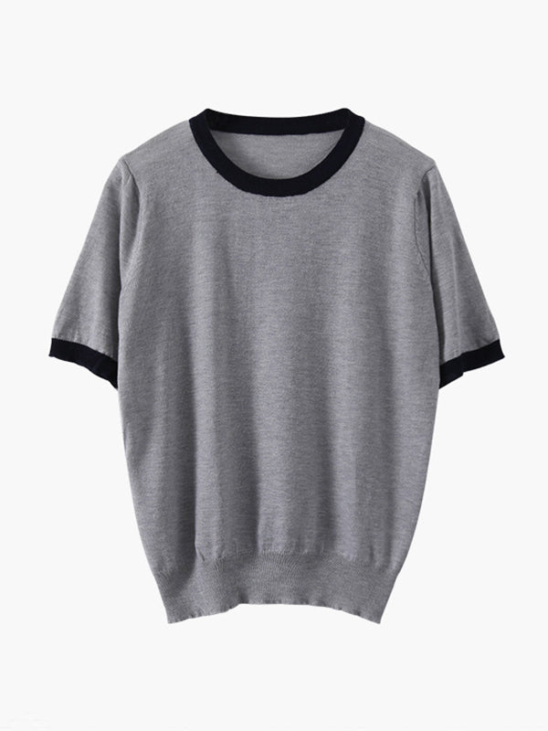 Casual Knitting Round-Neck Contrast Color T-Shirts Tops
