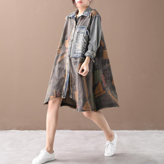 Buykud Patchwork Printed Single Breasted Casual Dress
