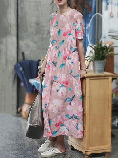 Literary Printed Ramie Cotton Long Dress