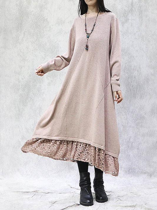 Artistic Retro Solid Color Split-Joint Embroidered Hollow Lace Round-Neck Long Sleeves Knitted Sweater Dress