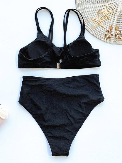 Solid Color Belted Split Bikini Swimsuit