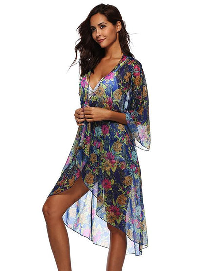 Chiffon Flared Sleeves Printed Cover-Ups