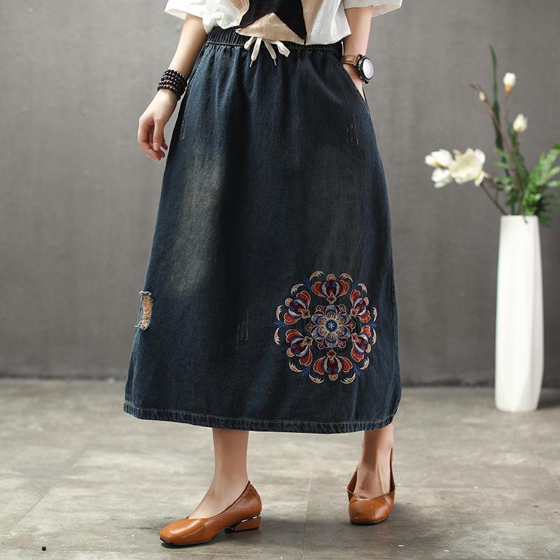 Denim Floral Embroidery A-Line Women Skirt