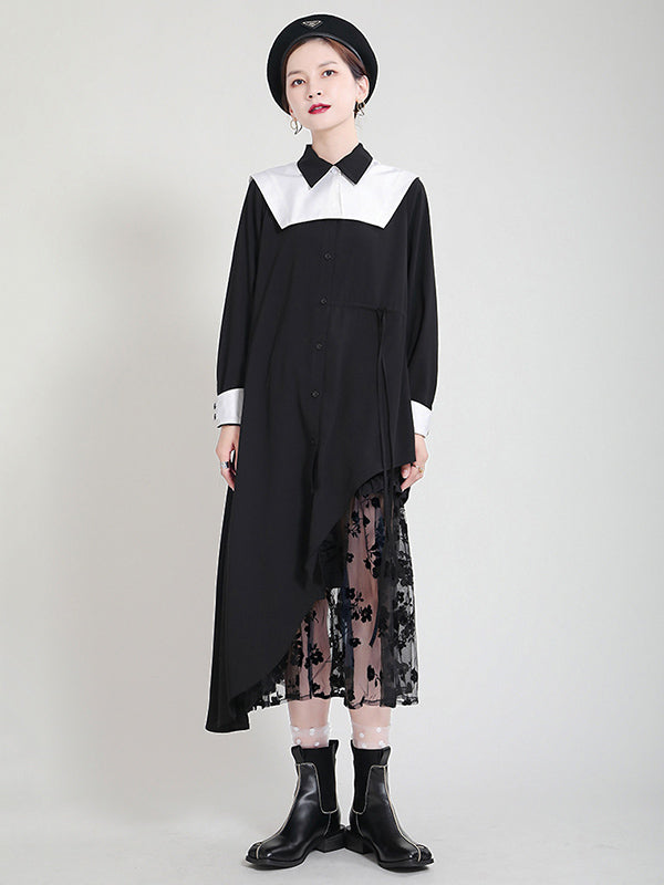Original Irregular Split-Joint Buttoned Tied Lapel Collar Long Sleeves Midi Dress