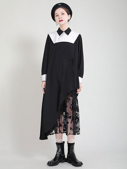 Original Irregular Split-Joint Buttoned Tied Lapel Collar Long Sleeves Midi Dress