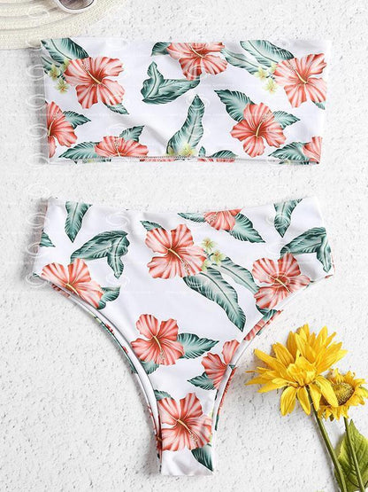 Bandeau High Cut Printed Bikinis Swimwear