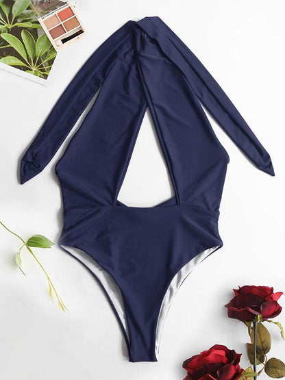 Plain Bandage Backless One-piece Swimwear