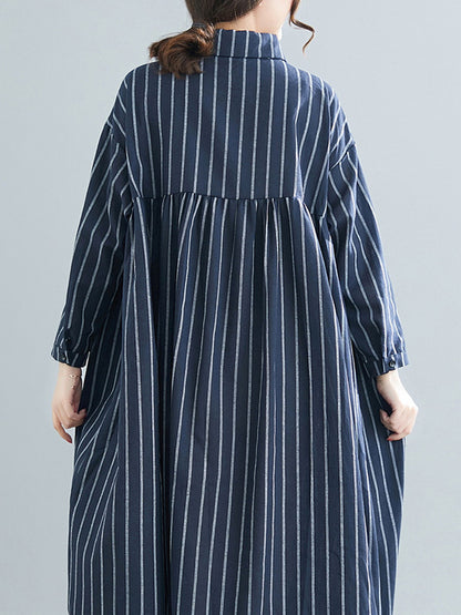Simple Striped Buttoned Lapel Long Sleeves Shirt Dress