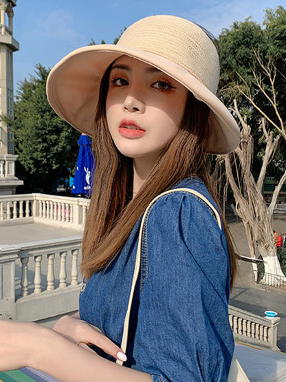 Stylish Solid Color Split-Joint Bow-Embellished Sun-Protection Large Wide Brim Knitted Hat