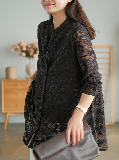 Artistic Retro Solid Color Lace Embroidered Buttoned Lapel Collar Blouse