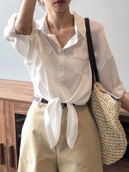 Urban Simple Solid Color Buttoned Split-Joint With Pocket Lapel Collar Long Sleeves Blouse