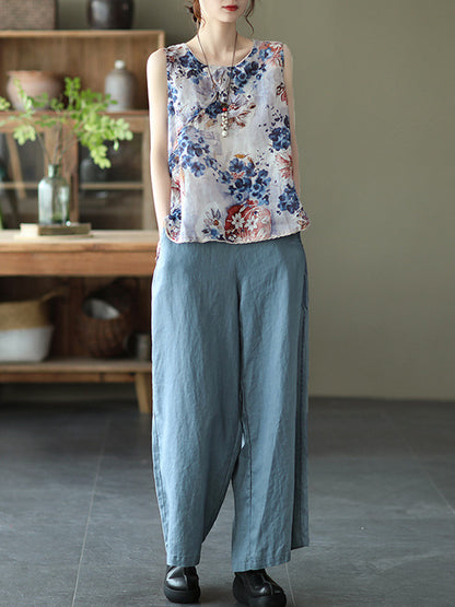 Original Floral Sleeveless Round-Neck Vest Tops
