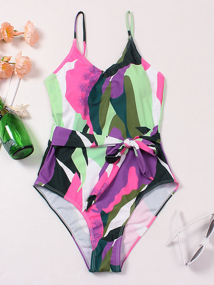 Printed Lace-Up One-Piece Swimsuit