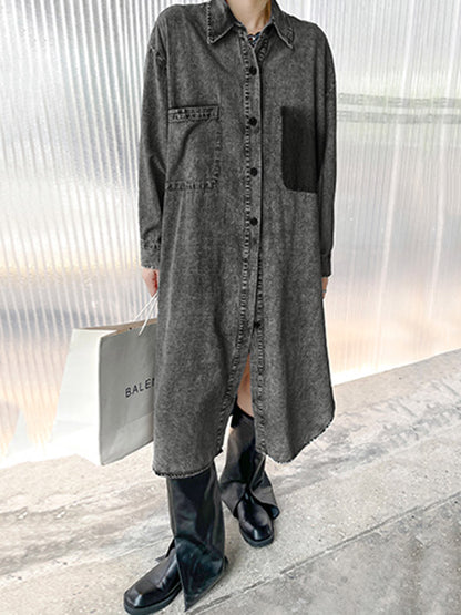 Simple Cool Raw Denim Split-Side Split-Joint With Pocket Buttoned Lapel Collar Long Sleeves Midi Shirt Dress