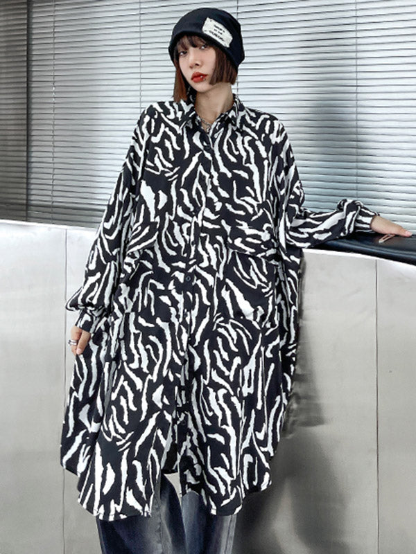 Stylish Printed Buttoned Batwing Sleeve Lapel Blouse Tops