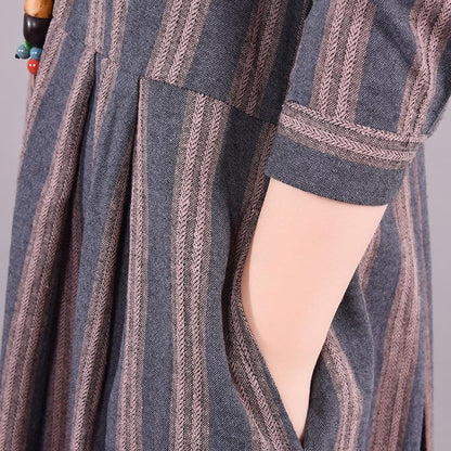 Buykud Retro Striped Folded Comfortable Loose Dress