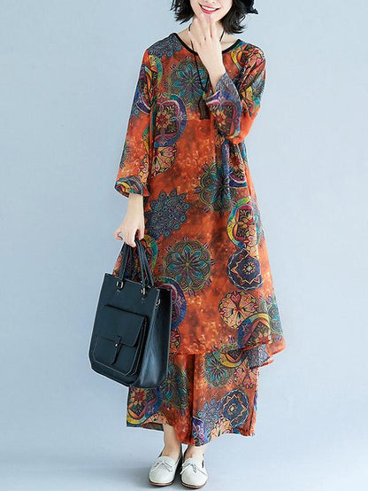 Loose Chiffon Floral Printed Long Shirt+Pants Suits