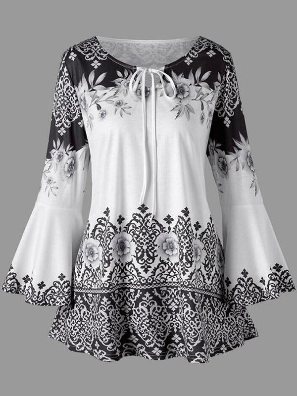 Puff Sleeves Printed A-Line  Blouses&Shirts Tops