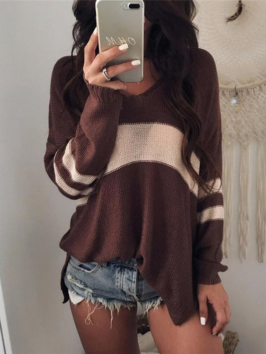 V-neck Hollow Striped Sweater Tops