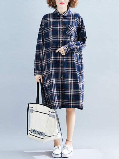 Loose Plaid Lapel Blouse Dress