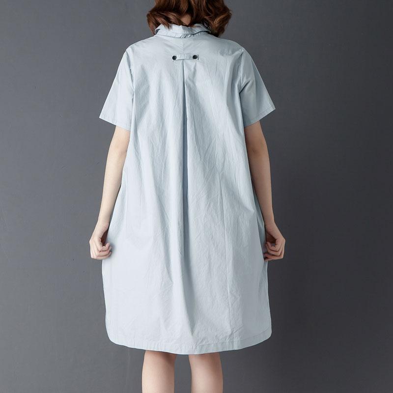 Casual Polo Collar Short Sleeve Knee Length Blue Dress