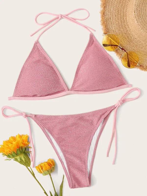 Sequined Lace-Up Bikini Swimsuit