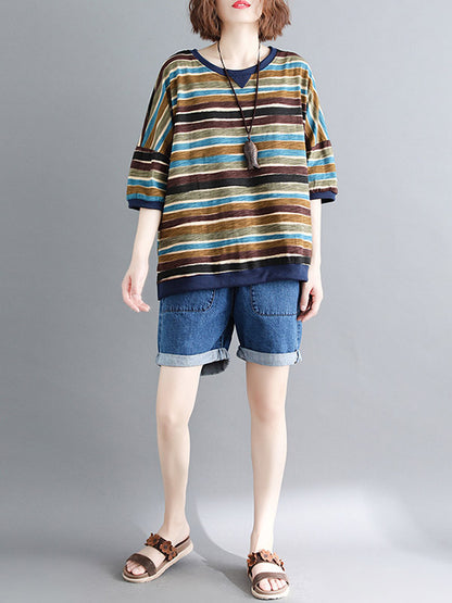Casual Contrast Color Striped Short Sleeves T-Shirt Top