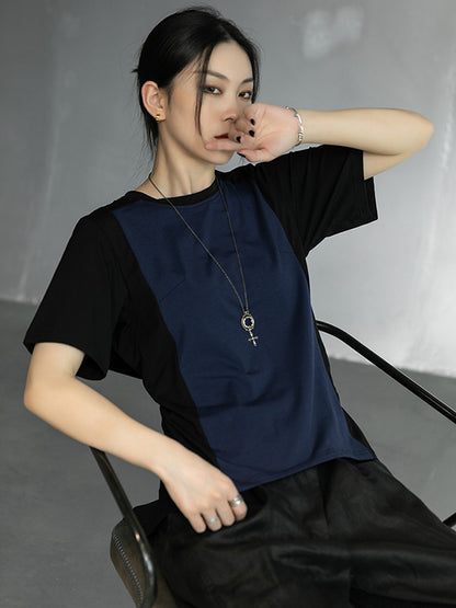 Stylish Split-Joint Black&Blue Back-Pleats Short Sleeves T-Shirt