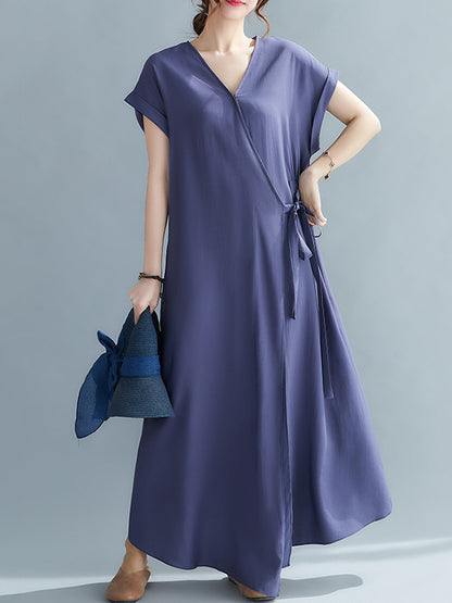 Casual Loose Solid Color Tied V-Neck Short Raglan Sleeves Maxi Dress