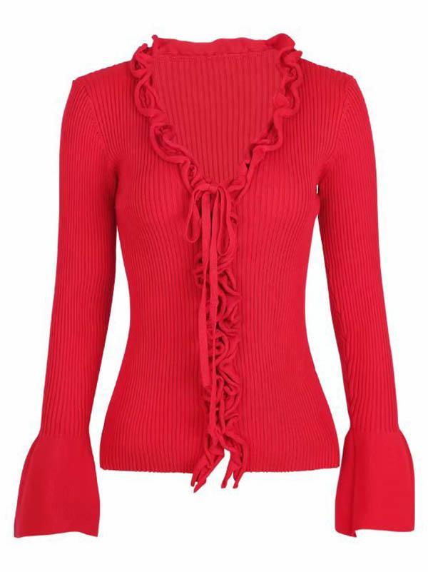 V-Neck Flared Sleeves Lotus Leaf Edge Knitting Blouse