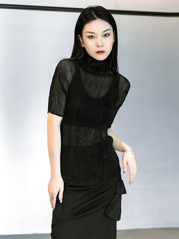 Original Solid Color High-Neck Long Sleeve See-Through T-Shirts Tops