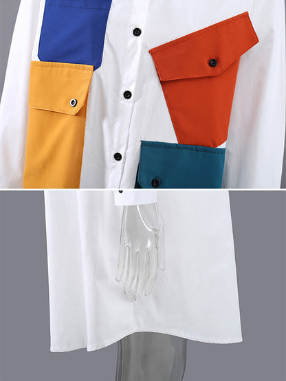Original Contrast Color Split-Joint Long Sleeve Shirt Dress