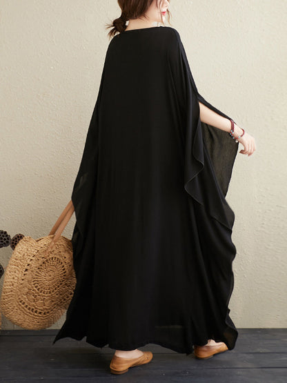 National Loose Embroidered Round-Neck Batwing Sleeves Midi Dress